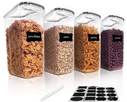 Voorraadbussen met Deksel Luchtdicht 4L - Voorraadpotten Set 4 Stuks - BPA vrij - Kunststof,Keuken Organizer, Opbergdozen voor Pasta, Muesli, Cornflakes, Meel en Suiker - Stapelbare Bewaarbakken met Etiketten en Stift