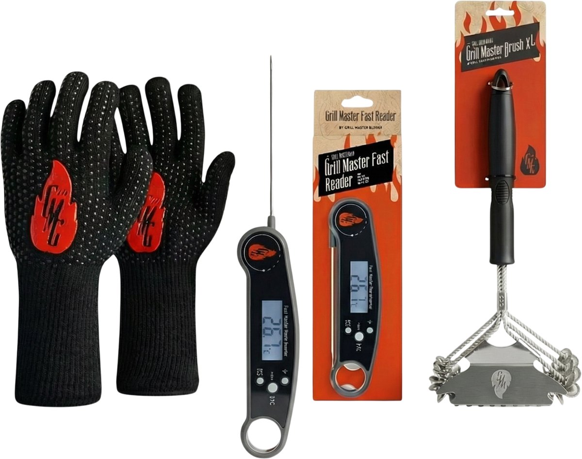 Grill Master BBQ Fast & Clean - BBQ set - BBQ accessoires - Staalborstel voor Barbecue - Barbecuethermometer - Ovenwanten - Barbecueborstels Vlees Thermometer, 3x