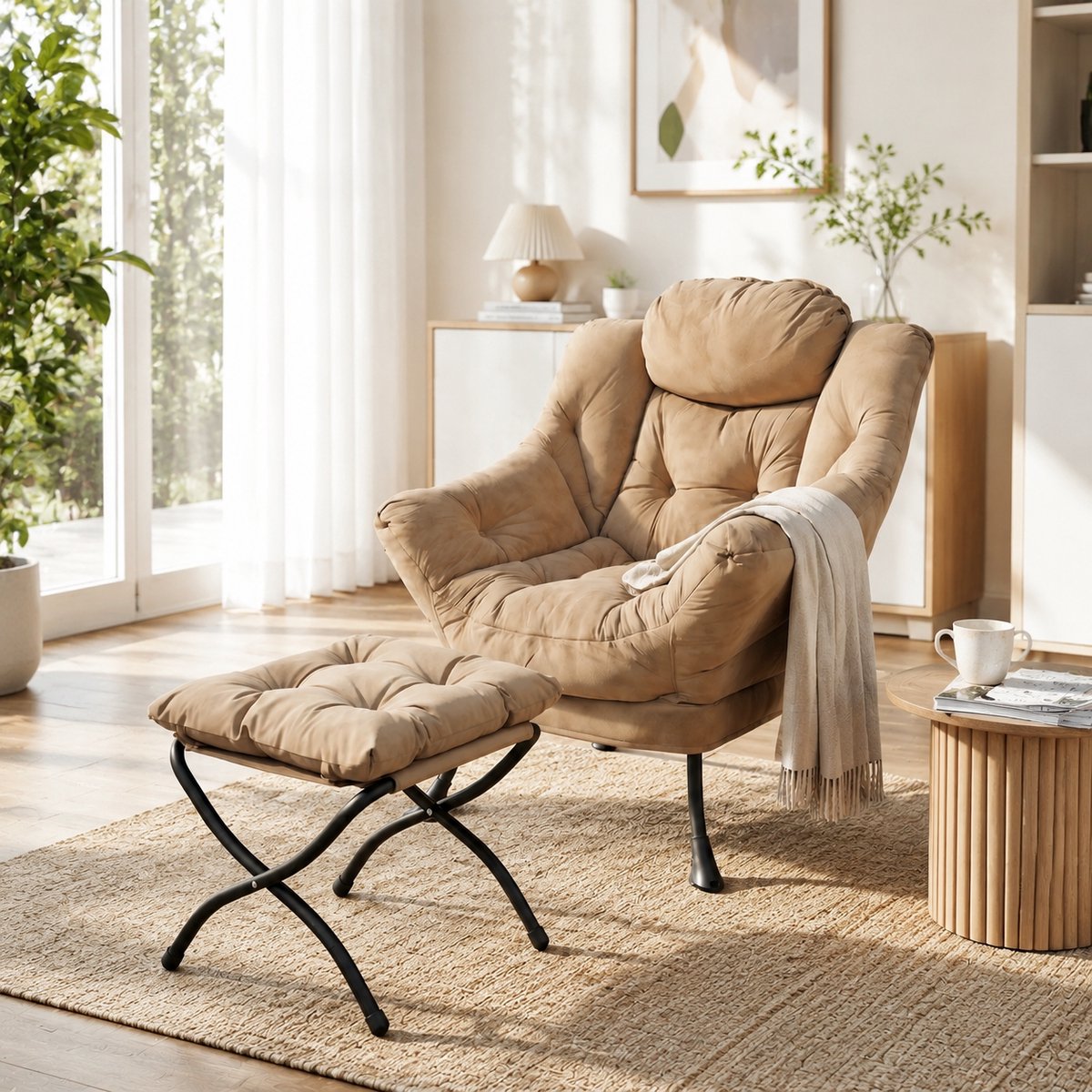 Ligstoel - Fauteuil & Poef Set - Ontspanningsstoel - Relaxstoel - Loungestoel - Comfortabele TV-stoel - Kaki