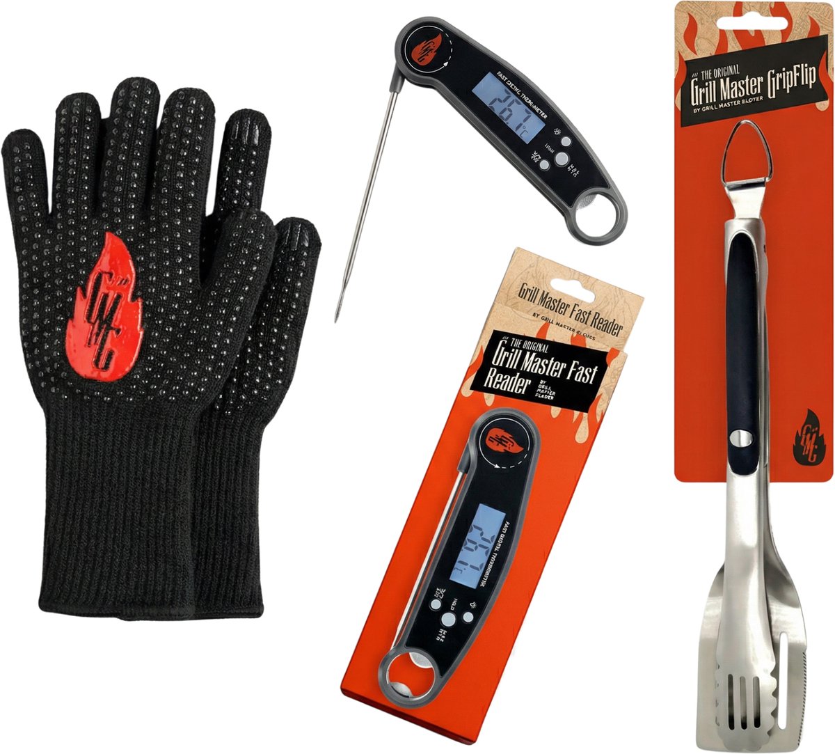 Grill Master BBQ Grill Control Set - oven handschoen - Ovenschalen - Vlees Thermometer - BBQ Thermometer - Barbecuetangen - BBQ Tang & Spatel in 1 - BBQ Set - BBQ accessoires