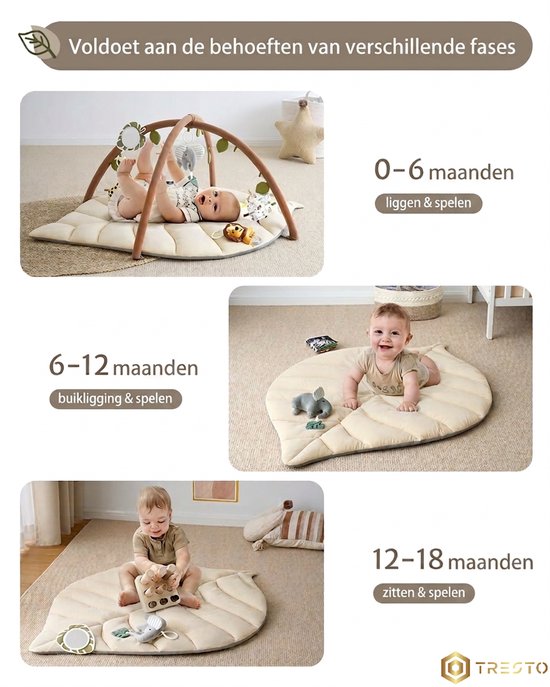 TRESTO - Babygym - jungle speelmat - leerzaam - 0 tot 2,5 jaar - blad design - dieren - speelkleed - 2 in 1 - Beige van TRESTO — afbeelding 4