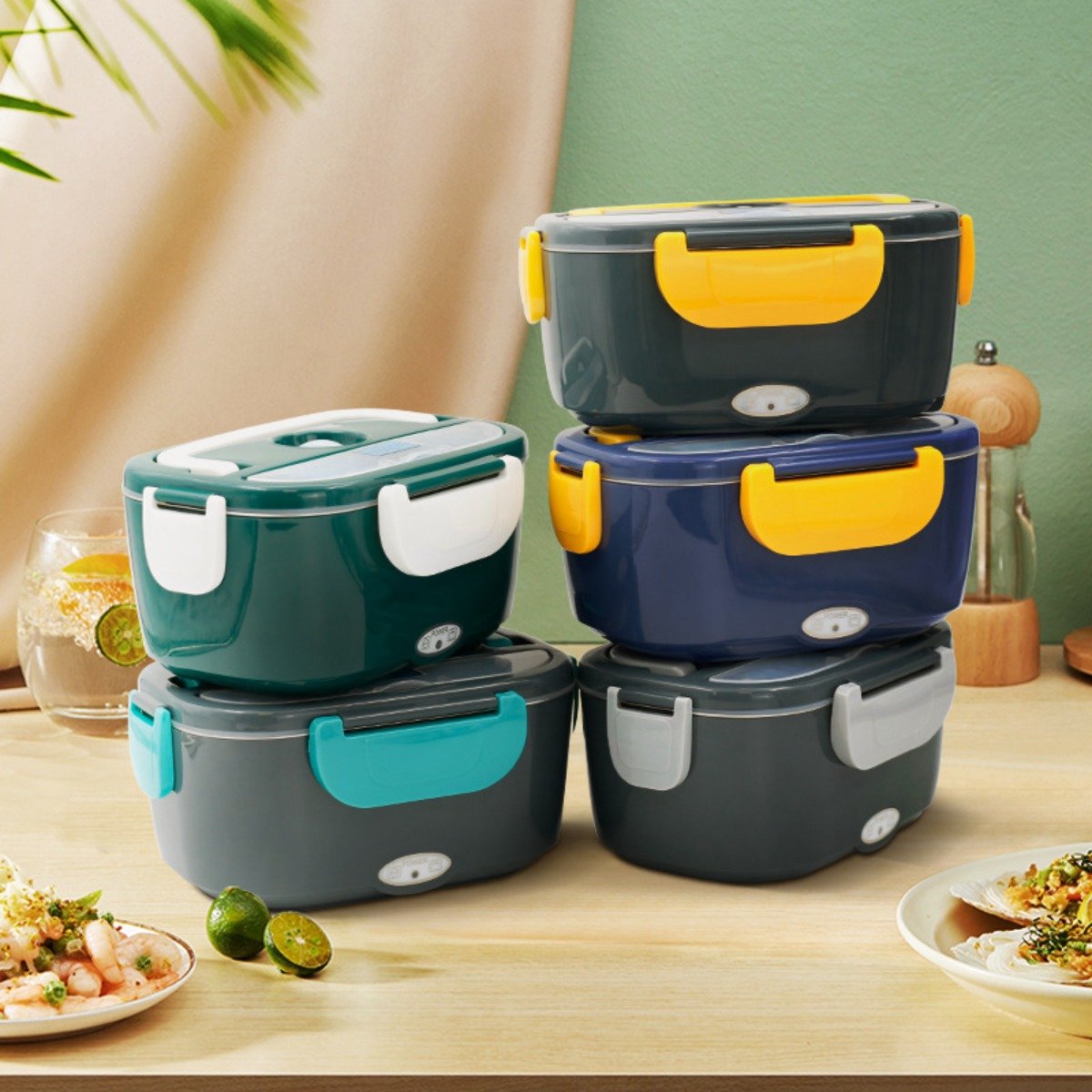 Elektrische lunchbox met Oxford stoffen tas en roestvrijstalen vork/lepel