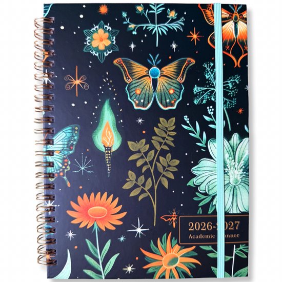 Feiy Butterflies Agenda - 2026-2027 - A5 formaat Schoolagenda - Spiraal - 1 week op 2 pagina's - Harde kaft - Met Elastiek