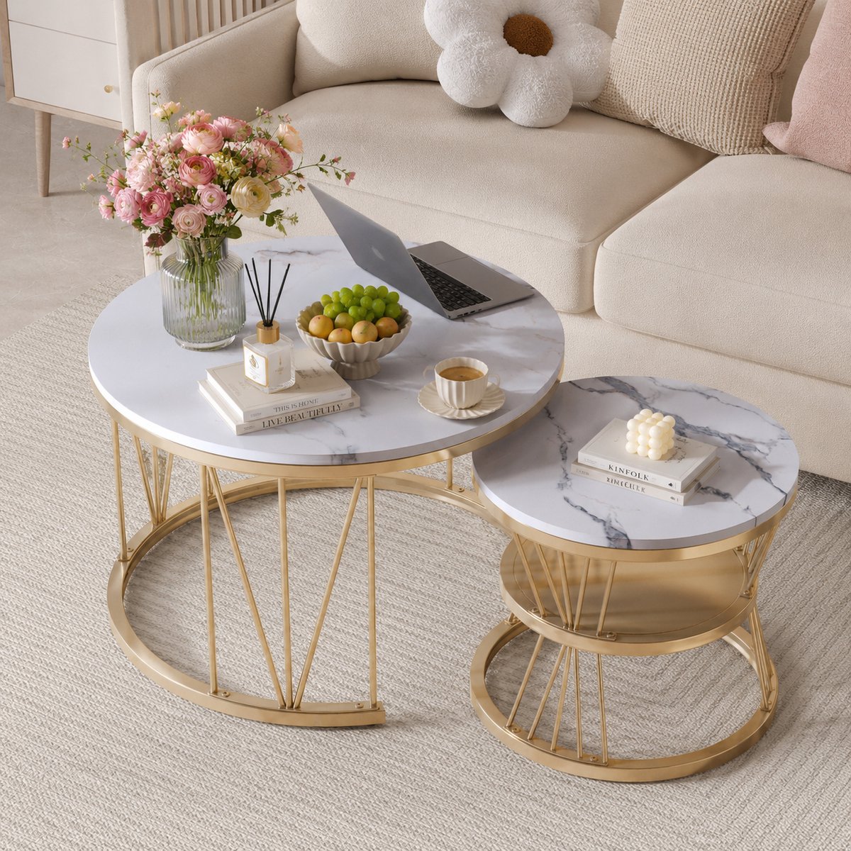 Salontafel Ronde set van 2 en Metaal - Bijzettafel met 3 Niveaus - Voor Woonkamer, Slaapkamer - Diameter 70/45cm - Goud Metalen Frame - Industrieel Design