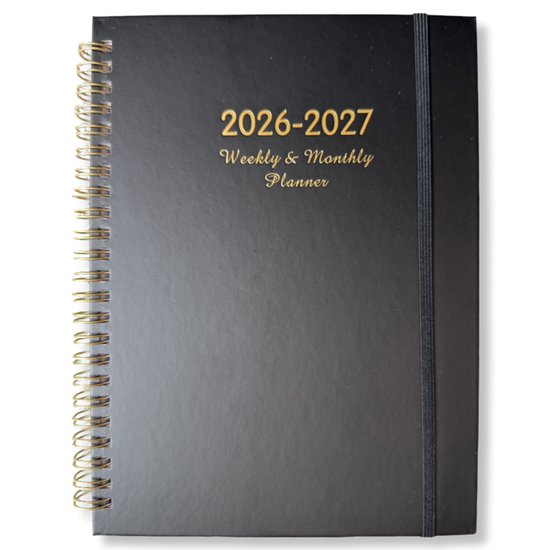 Feiy Black Agenda - 2026-2027 - A5 formaat Schoolagenda - Spiraal - 1 week op 2 pagina's - Harde kaft - Met Elastiek