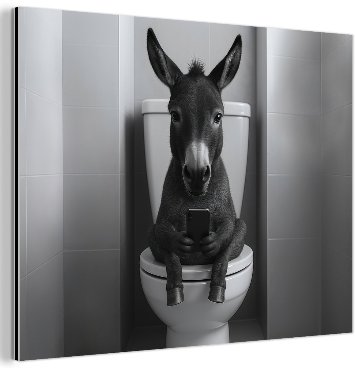 Aluminium schilderij 80x60 cm - Wanddecoratie metaal - Ezel - Telefoon - Toilet - Zwart -