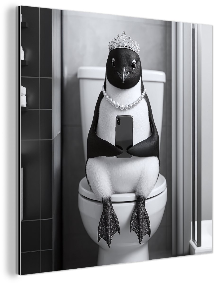 Aluminium schilderij 50x50 cm - Wanddecoratie metaal - Pinguïn - Telefoon - Toilet - Zwart