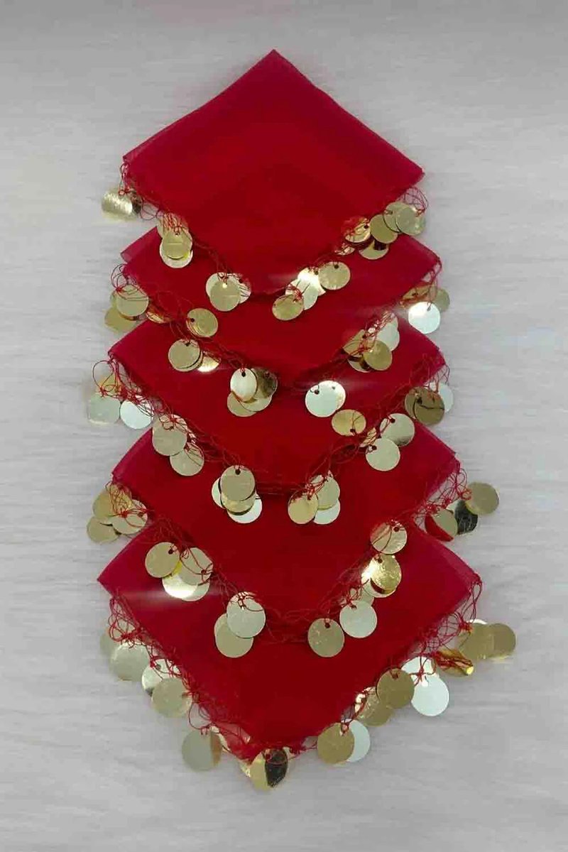 DFA Traditionele Dansdoekjes / Halay Mendili met Goudkleurige Muntjes - Henna Feest Accessoires - ROOD - 10 Stuks