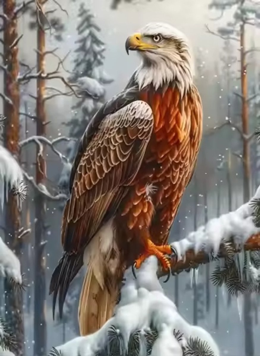Majestueuze Amerikaanse Zeearend in Winterlandschap – 40x50 cm - Ronde steentjes – Compleet Diamond Painting Pakket – Inclusief 20% Extra Steentjes - Diamond Painting by Wietske