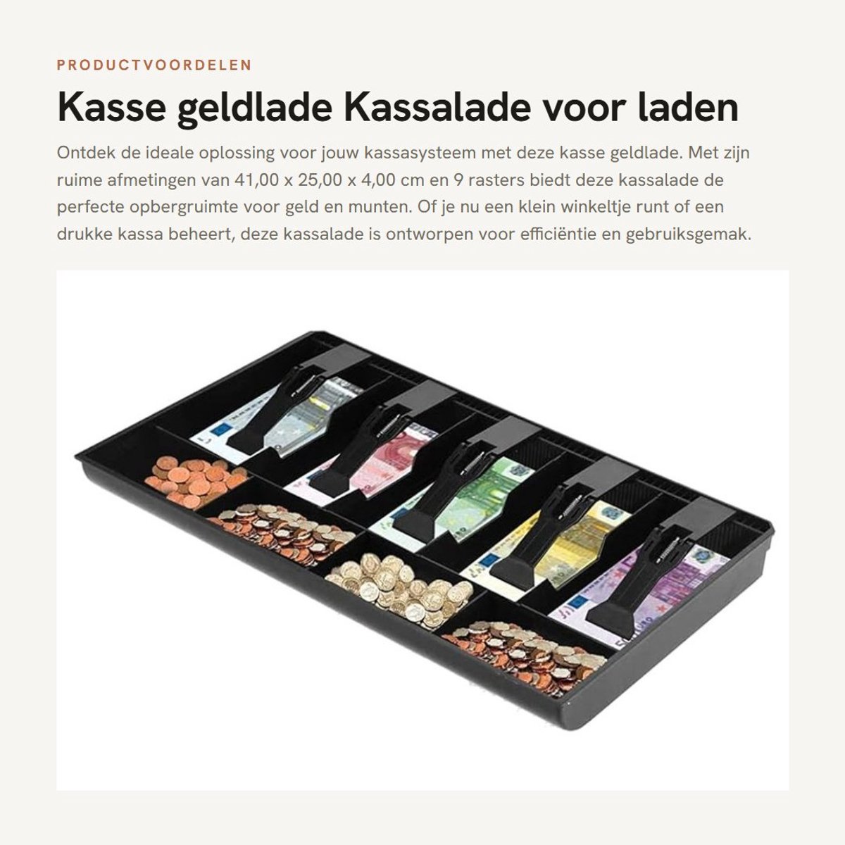 Dailygoods- Kassalade 41 x 25 x 4 cm - Handmatige Kassa - Uitneembare Geldlade - 9 Rasters - 5 Biljetten/4 Muntenlade - Schokbestendig