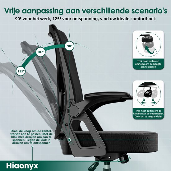 Hiaonyx Bureaustoel-Ergonomische bureaustoel-bureaustoelen voor volwassenen-Opklapbare armleuningen-Lendensteun-Verdikt en verbreed zitkussen-Zwart