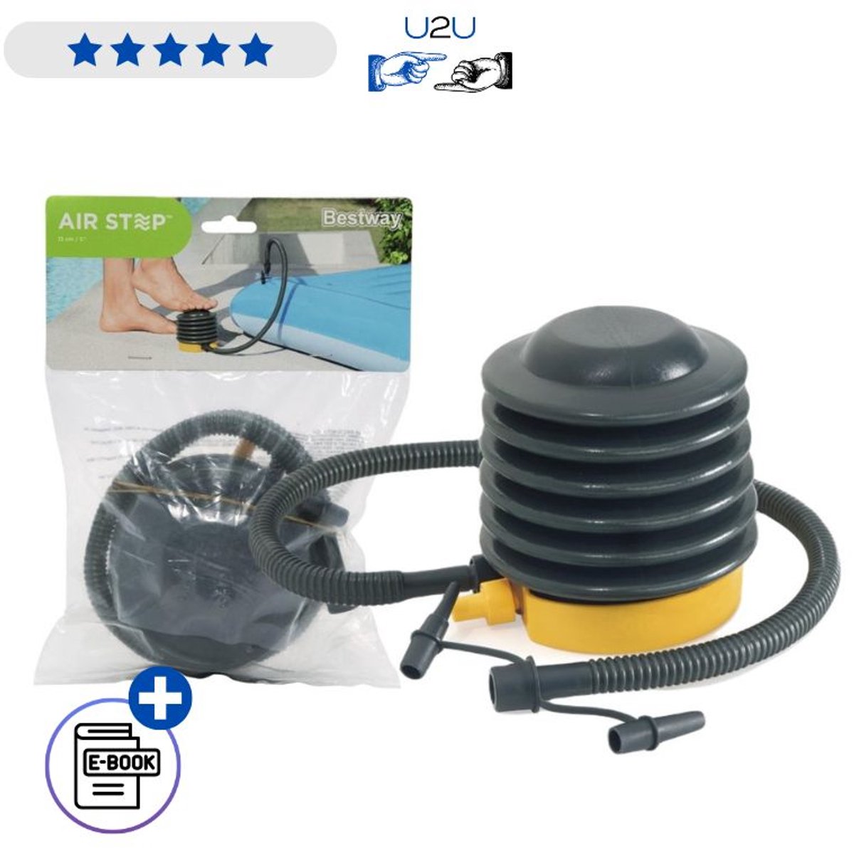 Bestway Voetpomp 62147 13 cm - Compacte Pistonpomp Voor Luchtbed Zwemband Strandbal En Opblaasboot - Inclusief 3 Opzetstukken En Flexibele Slang Voor Snel Oppompen Met Ebook