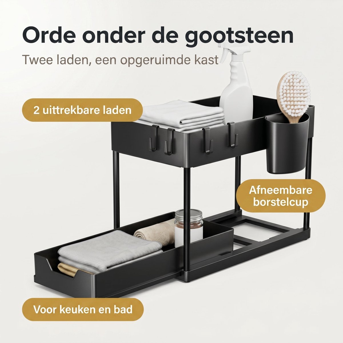 Cheqo® Onder de Gootsteen Organizer 2-Laags - Uittrekbare Kast Organizer - Keukenkast Organizer - Gootsteenorganizer - Uitschuifbare Schuiflade - Onderkast Organizer - Opbergrek voor Onder de Wastafel - Keuken en Badkamer Organizer - Zwart — cadeau in Cadeau-ideeën - foto 6