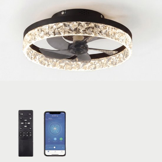 Lichtendirect- Plafondventilator met verlichting - Smart Lamp - 6 Standen Ventilator – Plafonniere Keuken Lamp - Woonkamerlamp - Dimbaar met afstandsbediening- APP functie- Zwart
