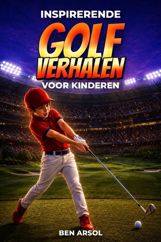 Een jongen in een rood petje en polo slaat een golfbal op een stadion met veel publiek. De titel 'Inspirerende Golfverhalen voor Kinderen' staat bovenin.