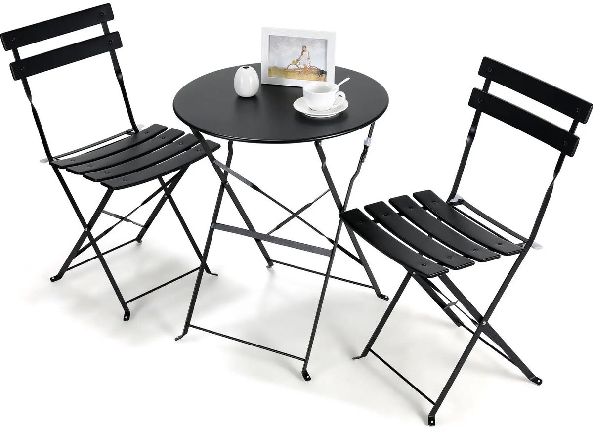 Geargalaxy 3-delige Bistroset - Tuinset - Terrasset - Balkonset - Bistrotafel met Stoelen - Stalen Frame - Opvouwbaar Design - Zwart