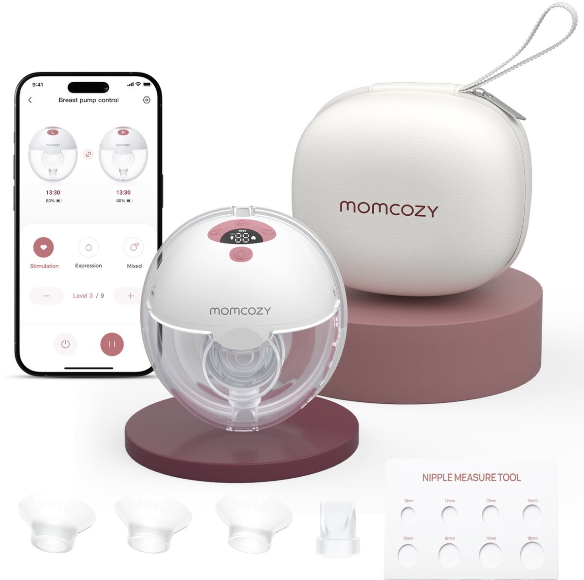 Momcozy M5 Smart – Handsfree Borstkolf – 1 Stuk – Elektrisch – Stil & Compact – Met Borstschild Inserts - Wit/Rood