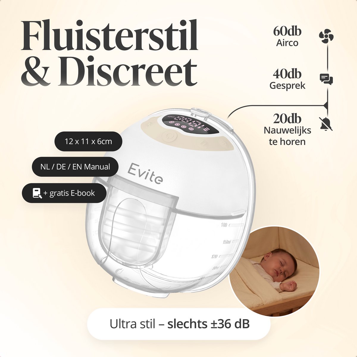Evite Borstkolf Smart - Elektrische Draadloze Borstkolf - Draagbaar & Handsfree - BPA Vrij - met App - Met Nachtlamp - Incl Opbergtas & Accessoires - Silk Beige thumbnail 3