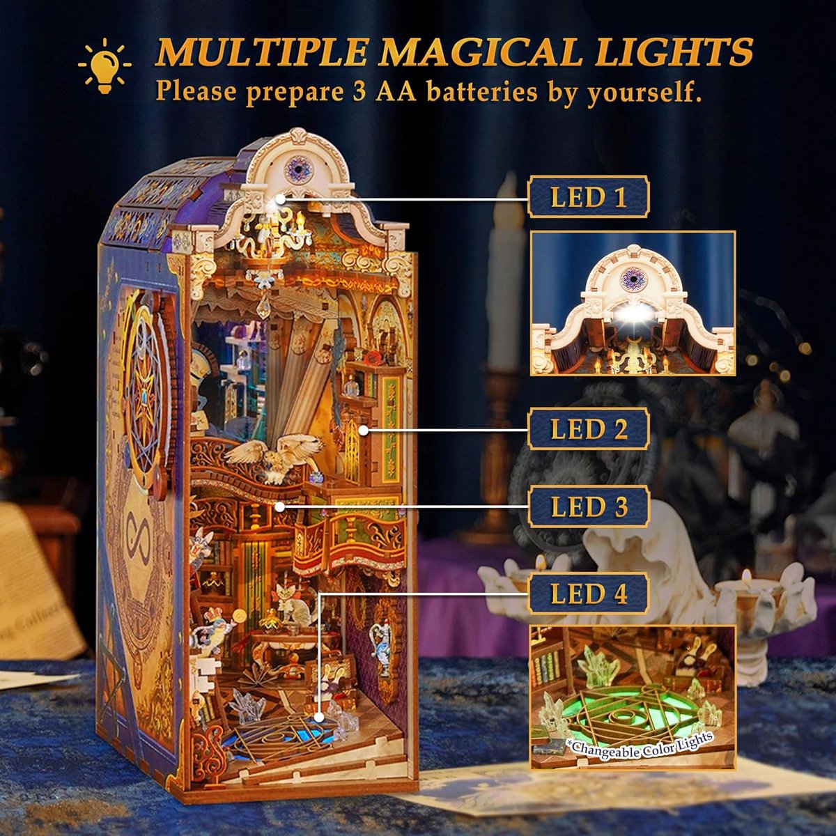 Tonecheer Magical Library Book Nook Bouwpakket - Modelbouw - 18,2 x 10,7 x 28,3 cm - DIY Pakket - Houten 3D Puzzel - Boekensteun - LED-licht - Bewegingssensor Licht - Boekenhouder — afbeelding 4