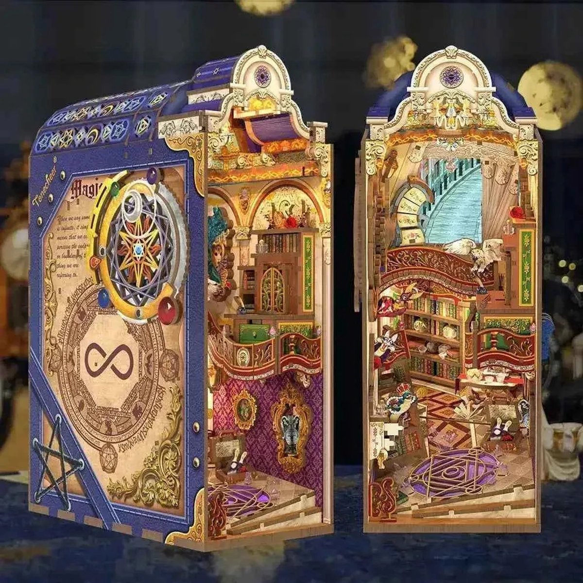 Tonecheer Magical Library Book Nook Bouwpakket - Modelbouw - 18,2 x 10,7 x 28,3 cm - DIY Pakket - Houten 3D Puzzel - Boekensteun - LED-licht - Bewegingssensor Licht - Boekenhouder — afbeelding 2
