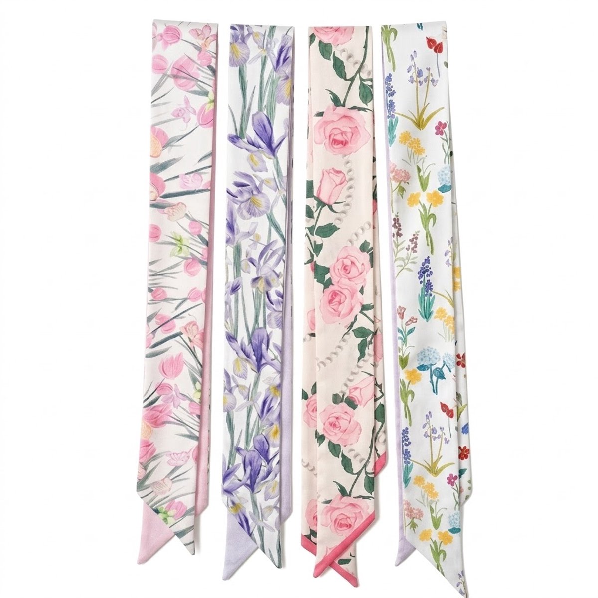 Multicolor haarsjaal dames lange lint sjaal set bloemen print smalle haar sjaals pastel bloemen patroon haaraccessoires set 4 stuks