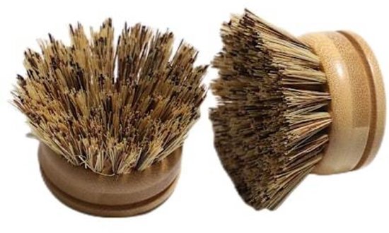 Twee afwasborstelkoppen met houten greep en stevige, natuurlijke borstelharen.