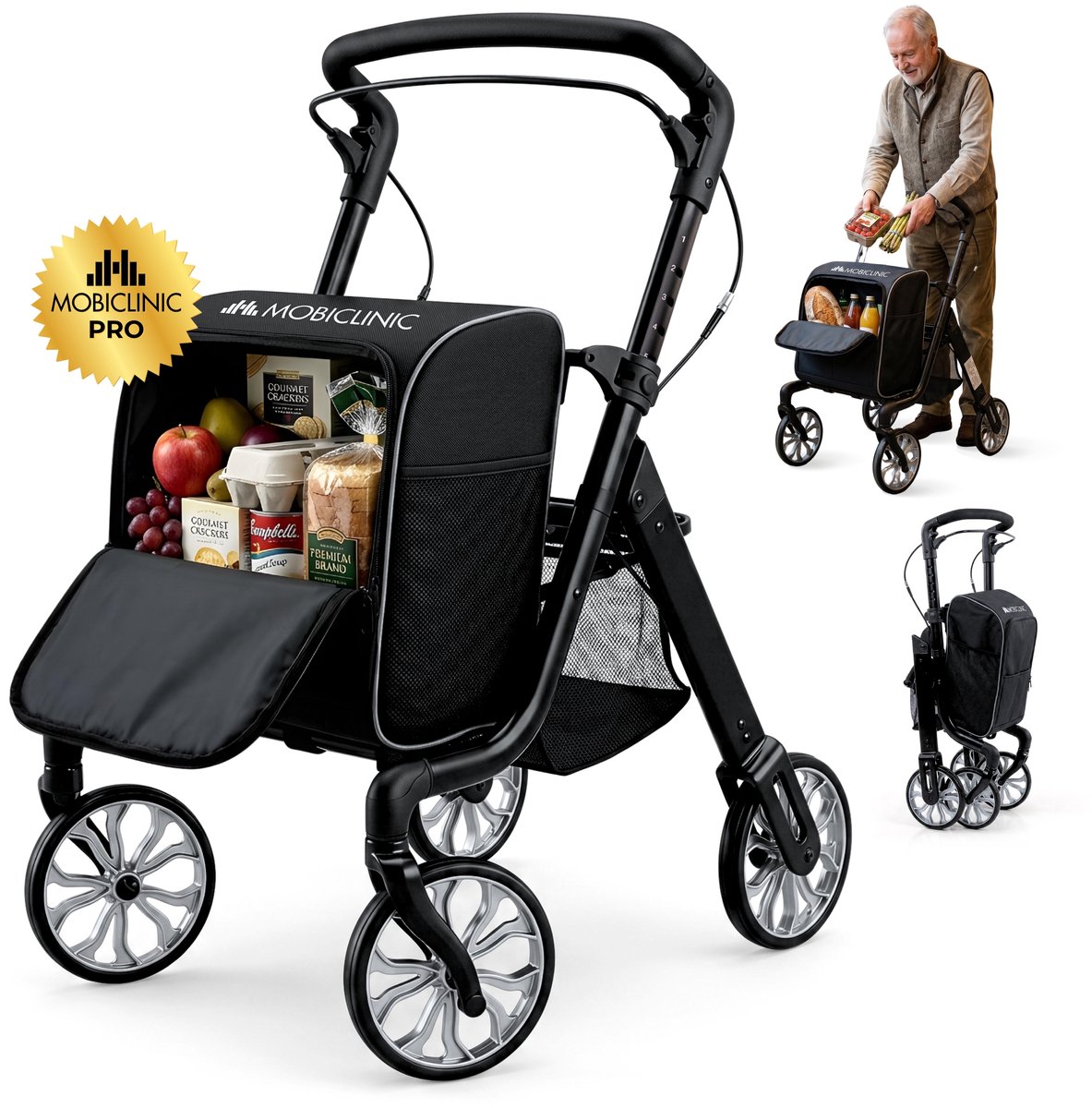 Mobiclinic Formen - Boodschappentrolley - Rollator - Met rugzak -Opvouwbaar - In hoogte verstelbaar - 4 vielen - Boodschappen rollator - Met Remsysteem - Zwart