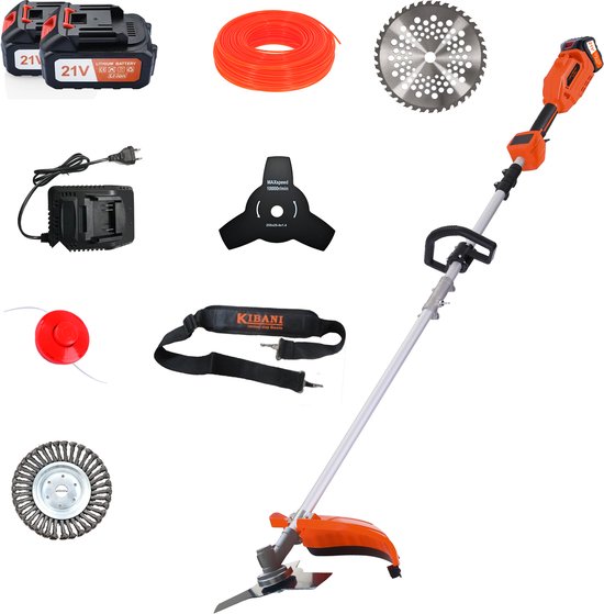 Accu bosmaaier 21V met 2 accu’s, onkruidborstel, draadkop, zaagblad en maaidraad – elektrische grastrimmer