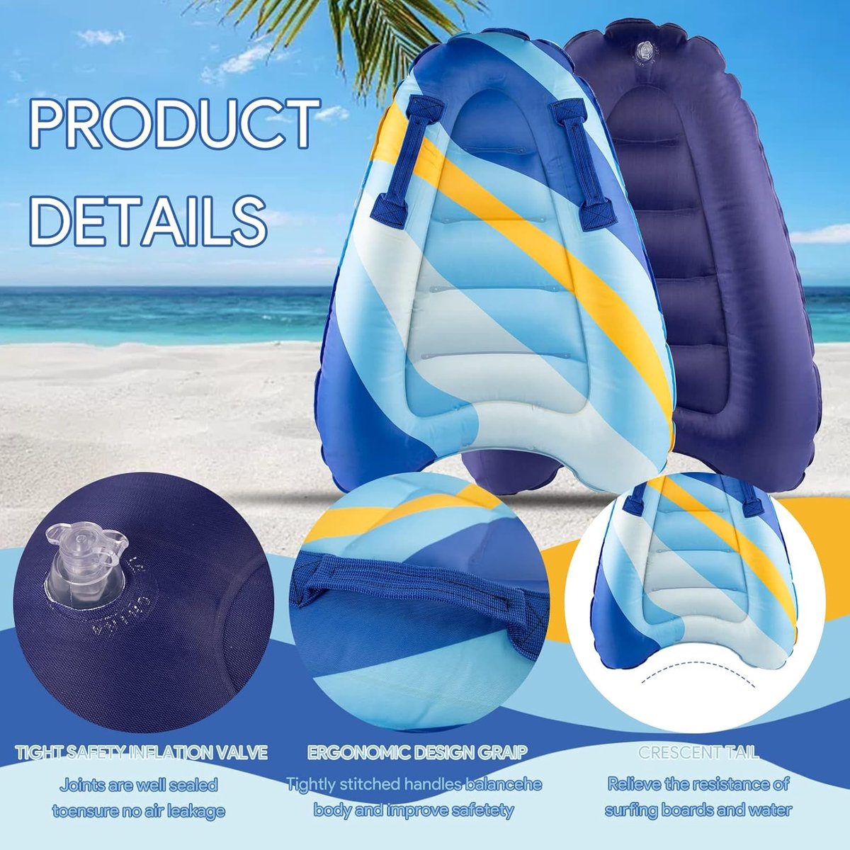 Opblaasbaar Bodyboard, draagbaar Bodyboard voor kinderen met handgrepen, Opvouwbaar Zwemboard, 75 x 65 x 15 cm, Surfboard voor Kinderen, voor Strandsurfen, Zwembad, Zwemmen, Zomer, Watersport – foto 2