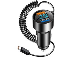 USB C Autolader - Telefoonoplader Auto - Snel Opladen Auto - Intrekbare Kabel - 100W - Zwart
