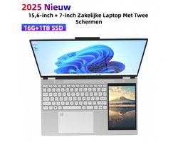 15.6" + 7" Dual-Screen Zakelijke Laptop, 16GB RAM & 1TB SSD, 180° Klapbaar, RGB Regenboog Toetsenbord met Ronde Toetsen, Vingerafdruk, Afneembare 2MP Webcam, IPS Touchscreen