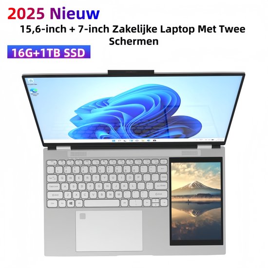 15.6" + 7" Dual-Screen Zakelijke Laptop, 16GB RAM & 1TB SSD, 180° Klapbaar, RGB Regenboog Toetsenbord met Ronde Toetsen, Vingerafdruk, Afneembare 2MP Webcam, IPS Touchscreen - XYLORE - Hoofdafbeelding