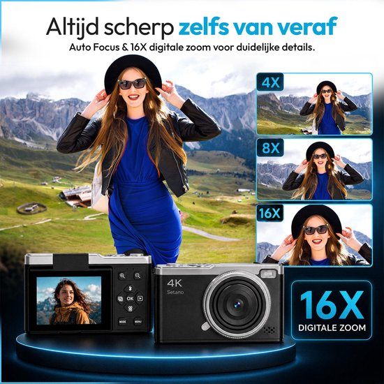 Vrouw in blauwe jurk poseert met zwarte jas, voorbeelden van 4x, 8x en 16x zoom van een berglandschap, Setano 4K camera, 16x digitale zoom.