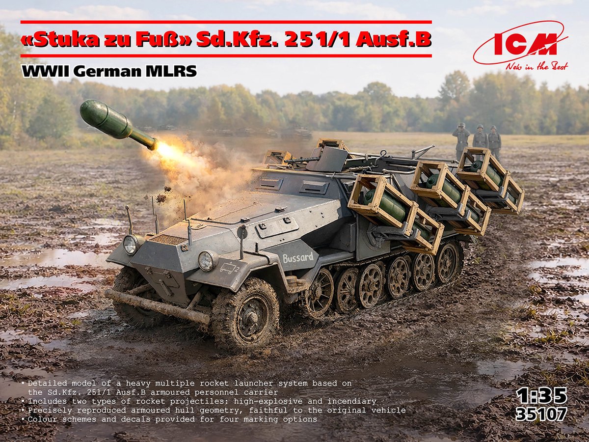 ICM Modelbouwpakket Militaire voertuigen - 35107 Sd.Kfz. 251/1 Ausf. B Stuka zu Fuss WWII - Duits Pantservoertuig Plastic - 1:35 - Modelbouw