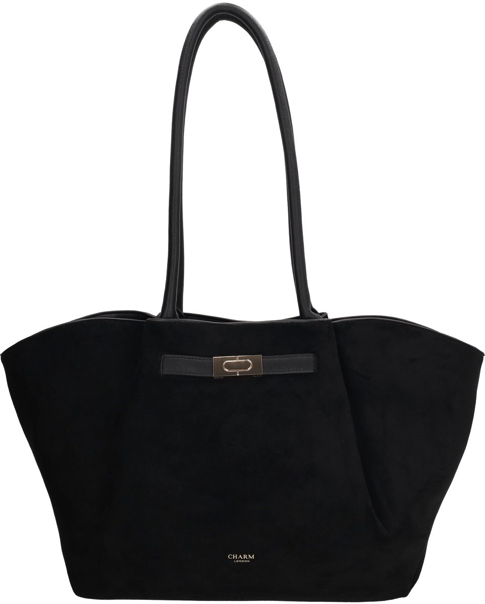 Charm London Dubai Shopper - Faux Suède Shopper - Schoudertas - Gouden Details - Dames Tas - Ritssluiting - Tote Bag - Dames Tas - Zwart