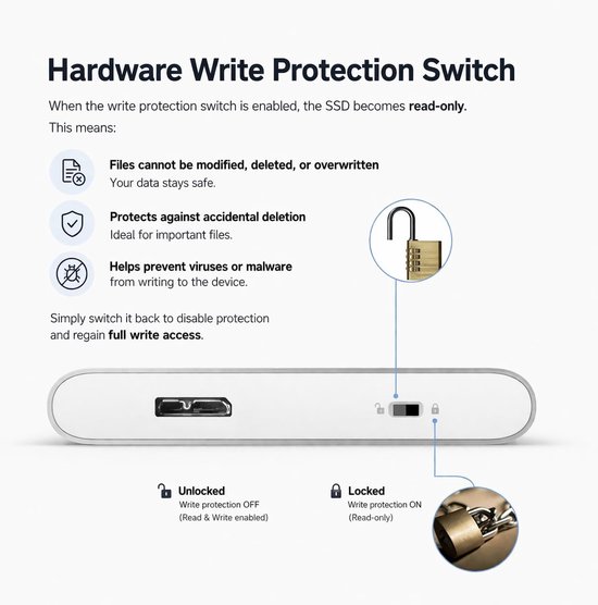 Externe Harde Schijf - Draagbare Opslag - Data Beschermen - Schrijfbeveiliging Switch - 2 TB - Zilver — afbeelding 2