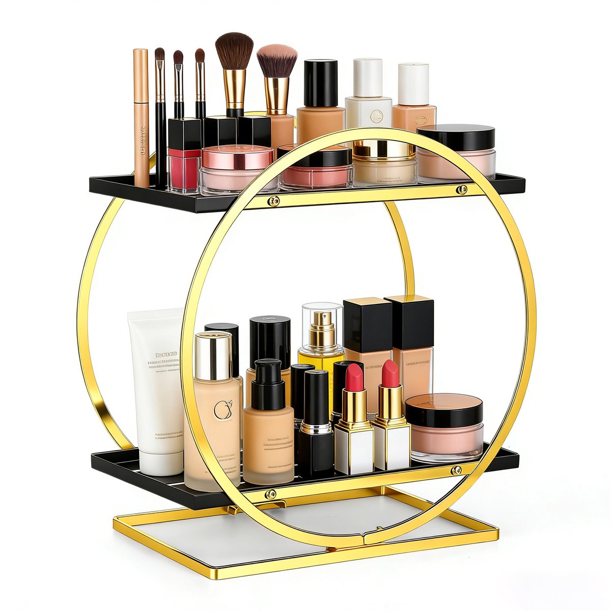 Lemlit Make-up Organizer 2-Laags - 22,5x15x28,8 cm - Metalen Cosmetica Opbergrek voor Kaptafel Badkamer Keuken en Woonkamer - Zwart Goud