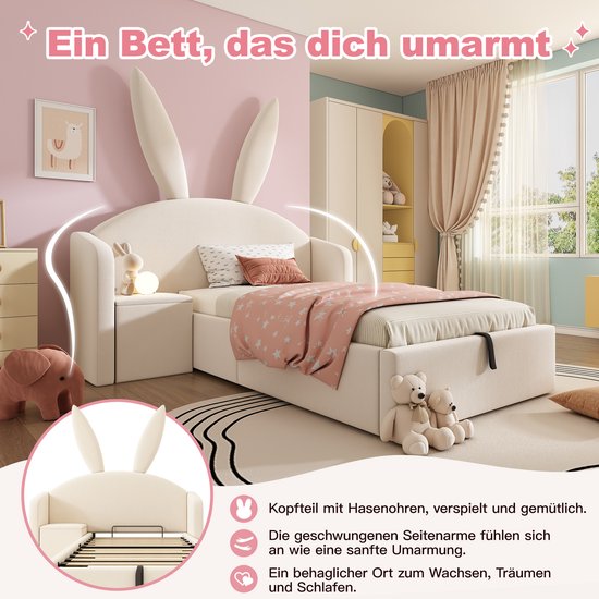 Beige kinderbed met konijnenoren, het bed is opengeklapt om de opbergruimte te tonen.
