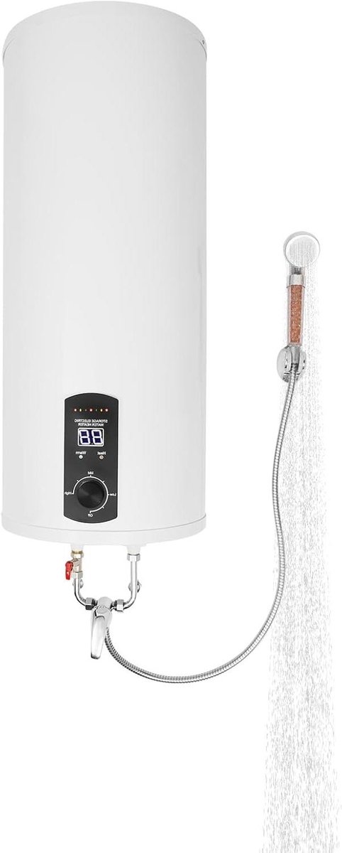Elektrische boiler, 60 l, verticale wandgemonteerde boiler, 25-75 °C instelbaar, digitale temperatuurweergave, voor keuken/badkamer/camper, incl. douchekop en kraan