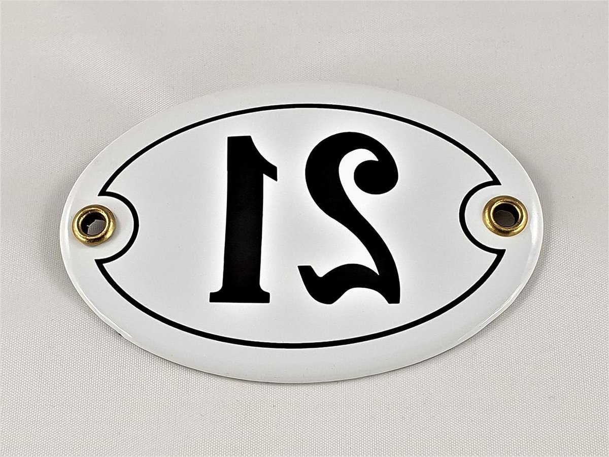 Emaille Huisnummer - Nummerbord 21 - Huis Herkenning - Handgemaakt Emaille - 105 x 7 cm - Wit Zwart