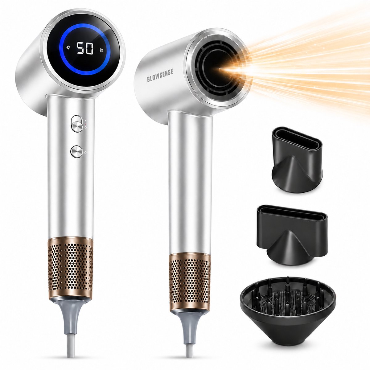 BlowSense® AirGlide - Föhn met Diffuser en Concentrator - LED Scherm - Haardroger met Ionentechnologie - 3 Magnetische Opzetstukken - Inclusief Magnetisch Ophangsysteem - Luxe Cadeauverpakking - Kristal Wit - 2026 Model