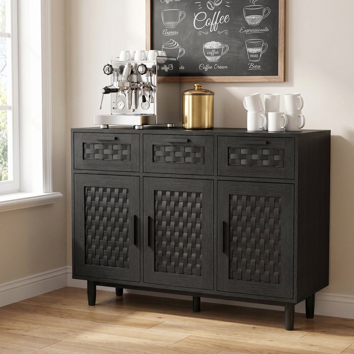 Keukenkast, Houten Keukenbuffet, Keukenopbergmeubel met 3 Laden 2 Kastjes, Geschikt Voor Thuisorganisatie, Decoratie Diverse Opbergmogelijkheden Esthetiek te Verbeteren (Zwart)