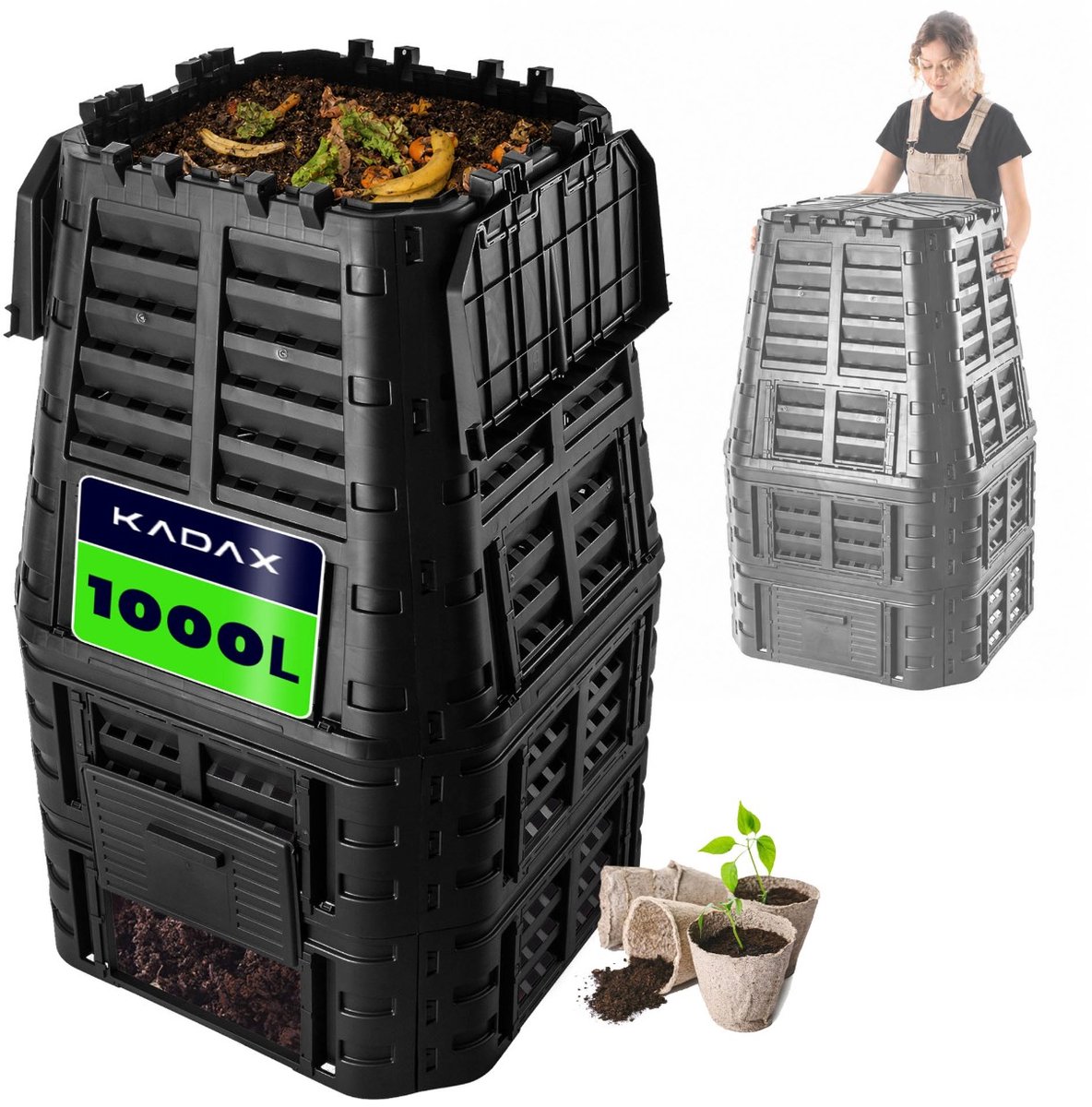KADAX Compostbak, zwarte compostinstallatie, snelcompostbak van kunststof, weerbestendige thermocompostbak met inklapbaar deksel (1000 liter)