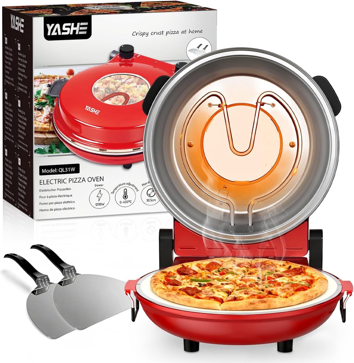 YASHE elektrische pizzaoven - pizzasteen - instelbare temperatuur en timer - compact voor binnen