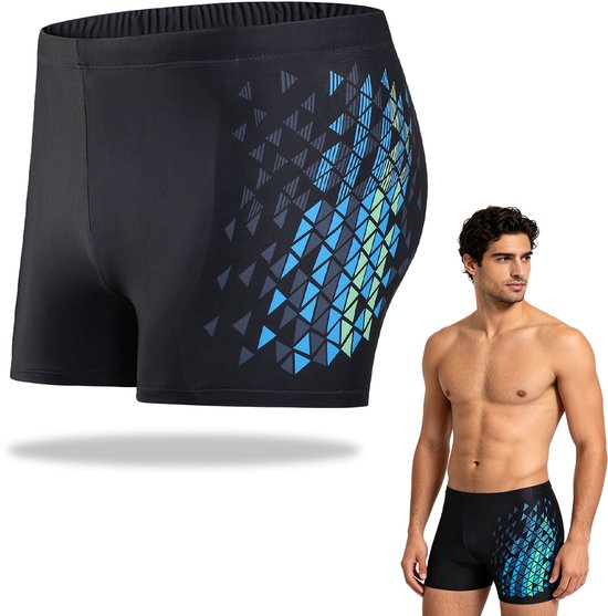 Short de bain noir avec un motif de triangles bleus et verts sur la jambe droite. Modèle homme.