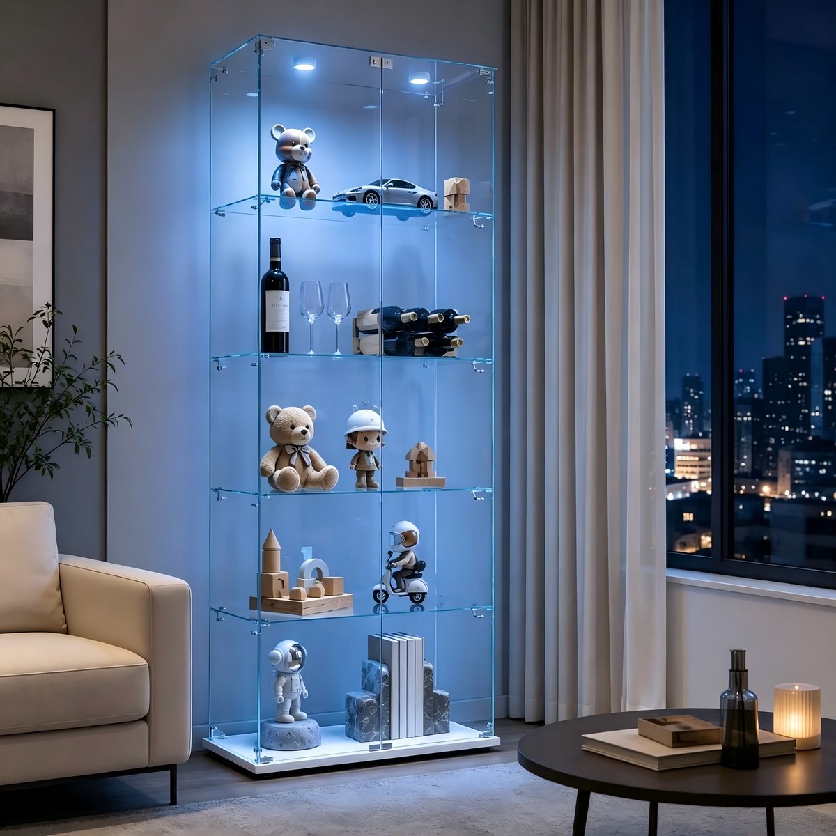 Glazen vitrinekast met LED-verlichting, vrijstaande boekenkast van gehard glas, 5 legplanken voor decoratie en verzamelobjecten woonkamer，wit