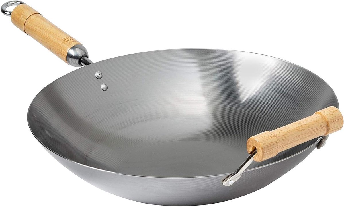 Koolstofstalen Wok - Roerbakpan Aziatisch - Authentiek Koken - Traditionele Ronde Bodem - 5 Liter - Roze Blauw