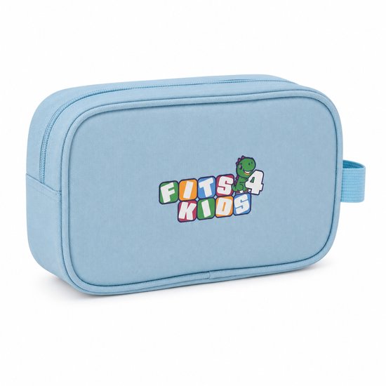 Lichtblauwe etui met logo 'FITS 4 KIDS' en dinosaurus, aan de zijkant een lus.