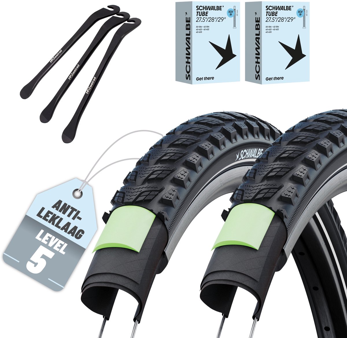 Set van 2 Schwalbe fietsbanden Marathon 365 28 x 1,50 inch (ETRTO 40-622), SCV Klik ventiel binnenbanden + 3x MSZweirad metalen bandenlichter
