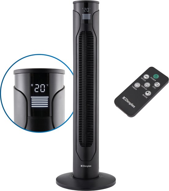 Dimplex Tower Fan torenventilator antraciet, staand, 70° oscillatie, 4 windmodi, timer, slaapstand, afstandsbediening